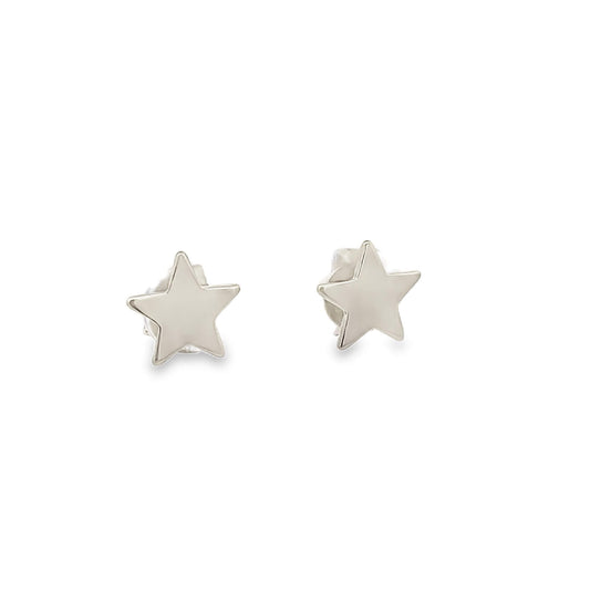 A pair of polished sterling silver star stud earrings glistens against a clean white background.