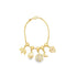 A gold charm bracelet features dangling pendants including an elephant, evil eye, tree of life, crescent moon, and heart against a clean white background.