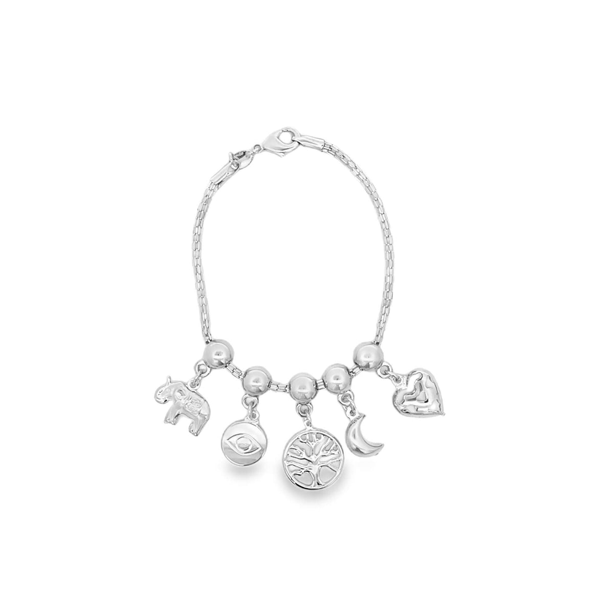 A silver charm bracelet features five dangling charms including an elephant, an evil eye, a tree of life, a crescent moon, and a heart.