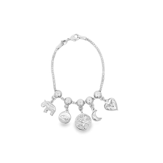 A silver charm bracelet features five dangling charms including an elephant, an evil eye, a tree of life, a crescent moon, and a heart.