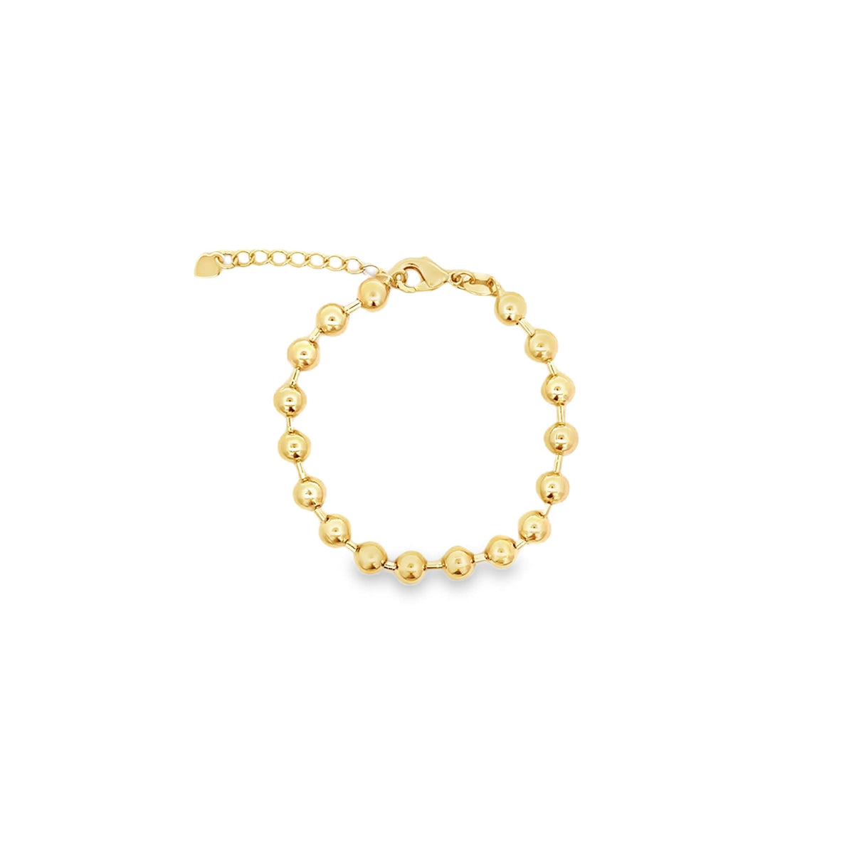 A delicate gold bead bracelet features polished spherical beads linked together with an adjustable chain clasp against a white background.
