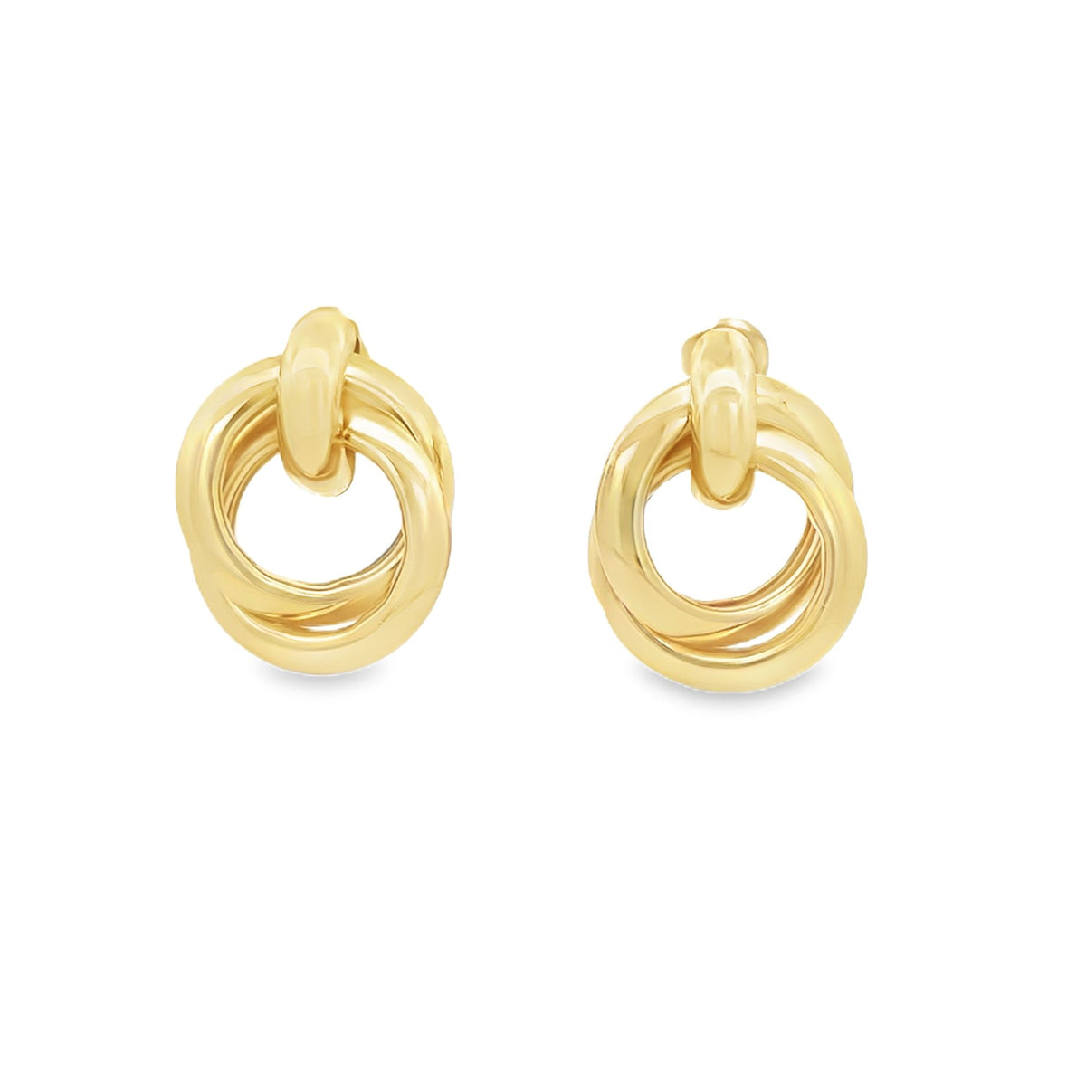 A pair of polished gold multi-hoop earrings featuring intertwined circular loops against a clean white background.