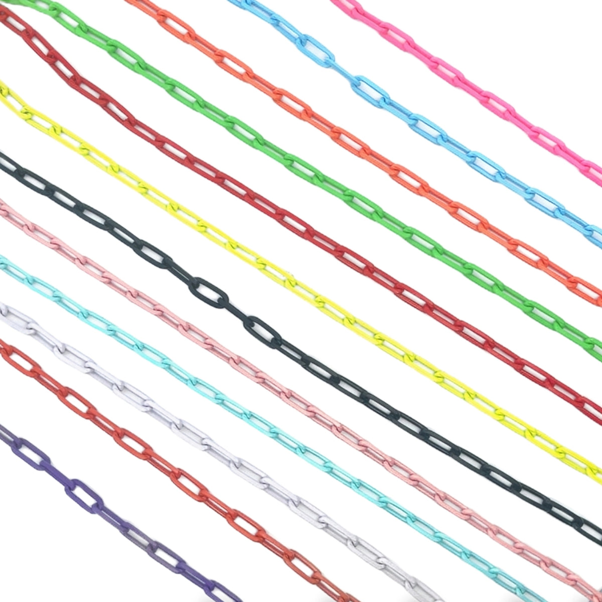 A colorful collection of vibrant paperclip chains in shades of pink, blue, green, yellow, and purple stretches diagonally across a white background.