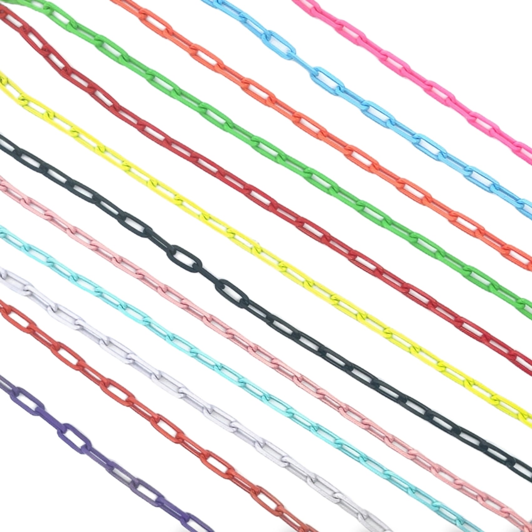 A colorful collection of vibrant paperclip chains in shades of pink, blue, green, yellow, and purple stretches diagonally across a white background.