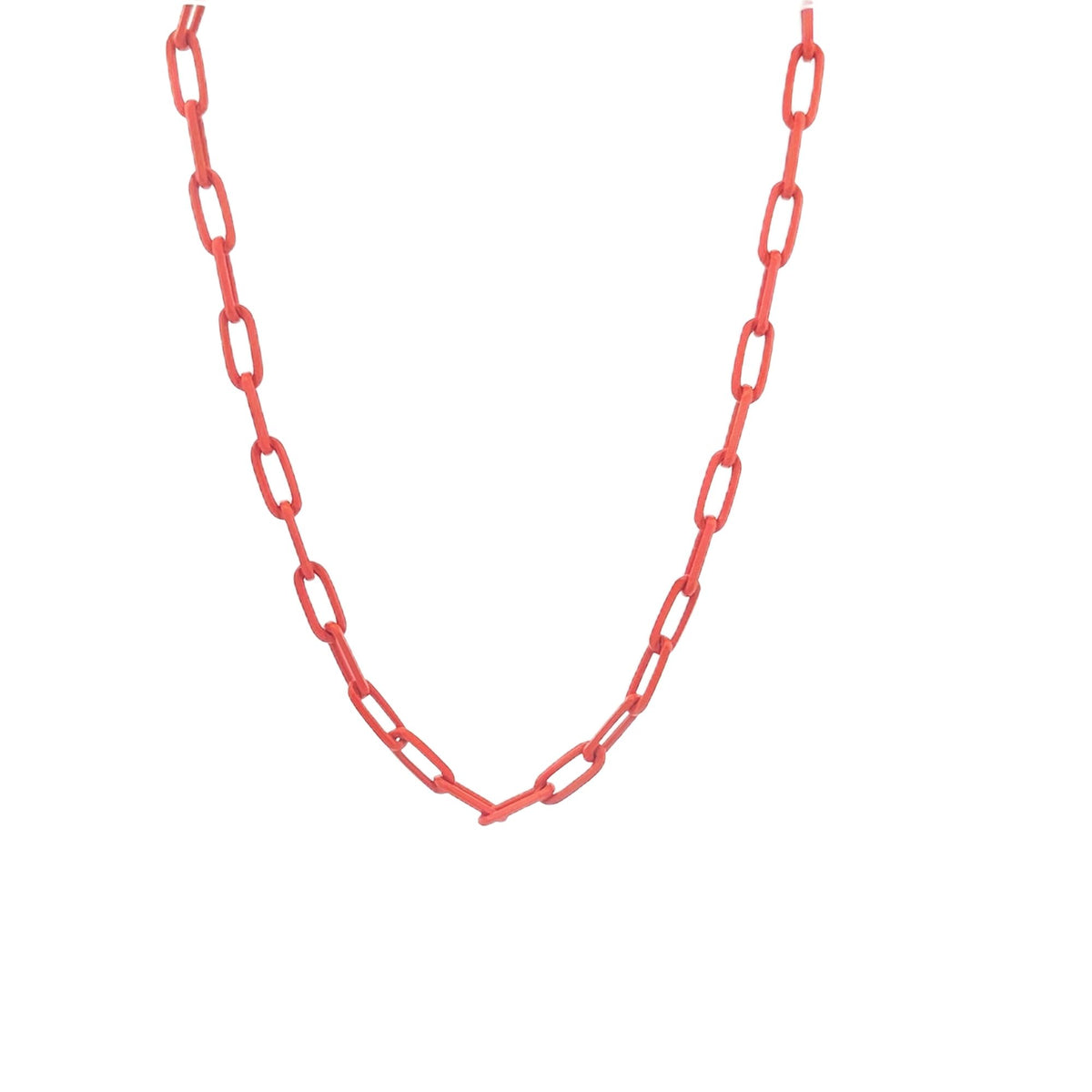 A vibrant coral-red plastic chain necklace hangs gracefully against a clean white background.