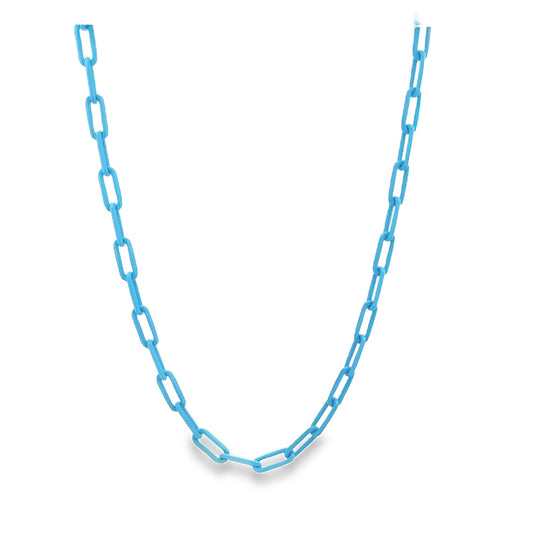 A vibrant light blue paperclip chain necklace hangs gracefully against a clean white background.