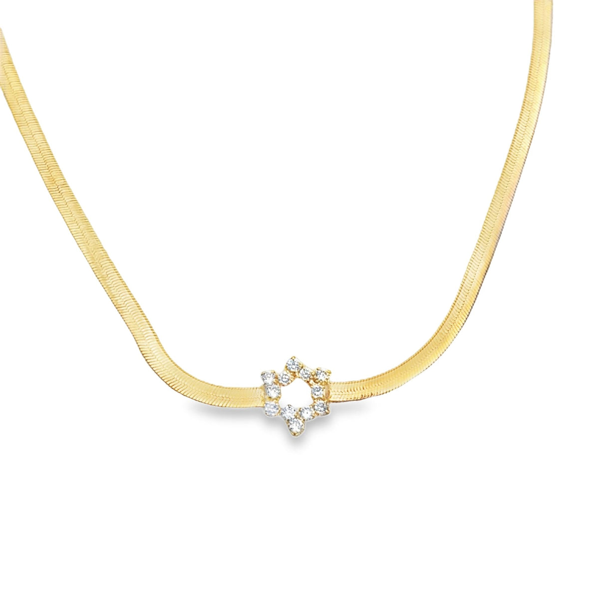 A gold herringbone chain necklace features a diamond-encrusted Star of David pendant centered on a clean white background.