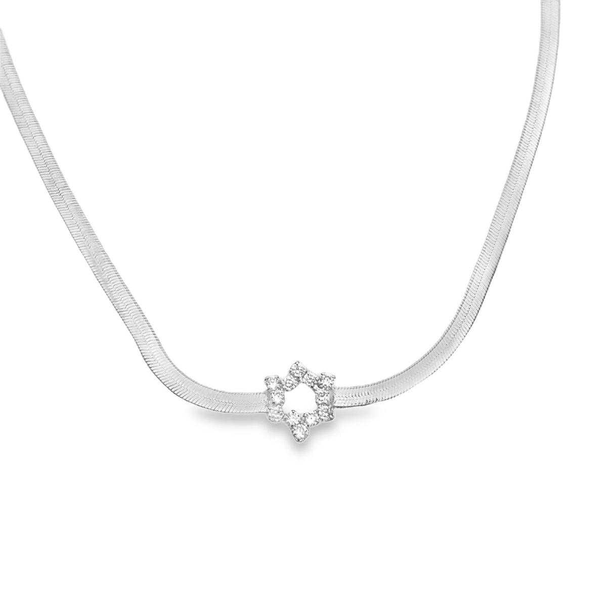 A sparkling sterling silver Star of David pendant hangs from a flat herringbone chain necklace against a white background.