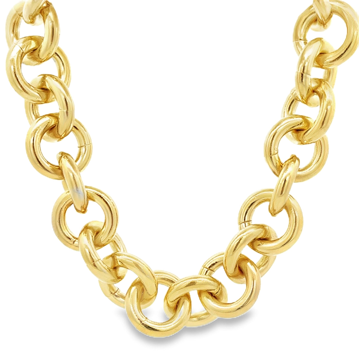 A thick gold link chain necklace sparkles brightly against a clean white background.