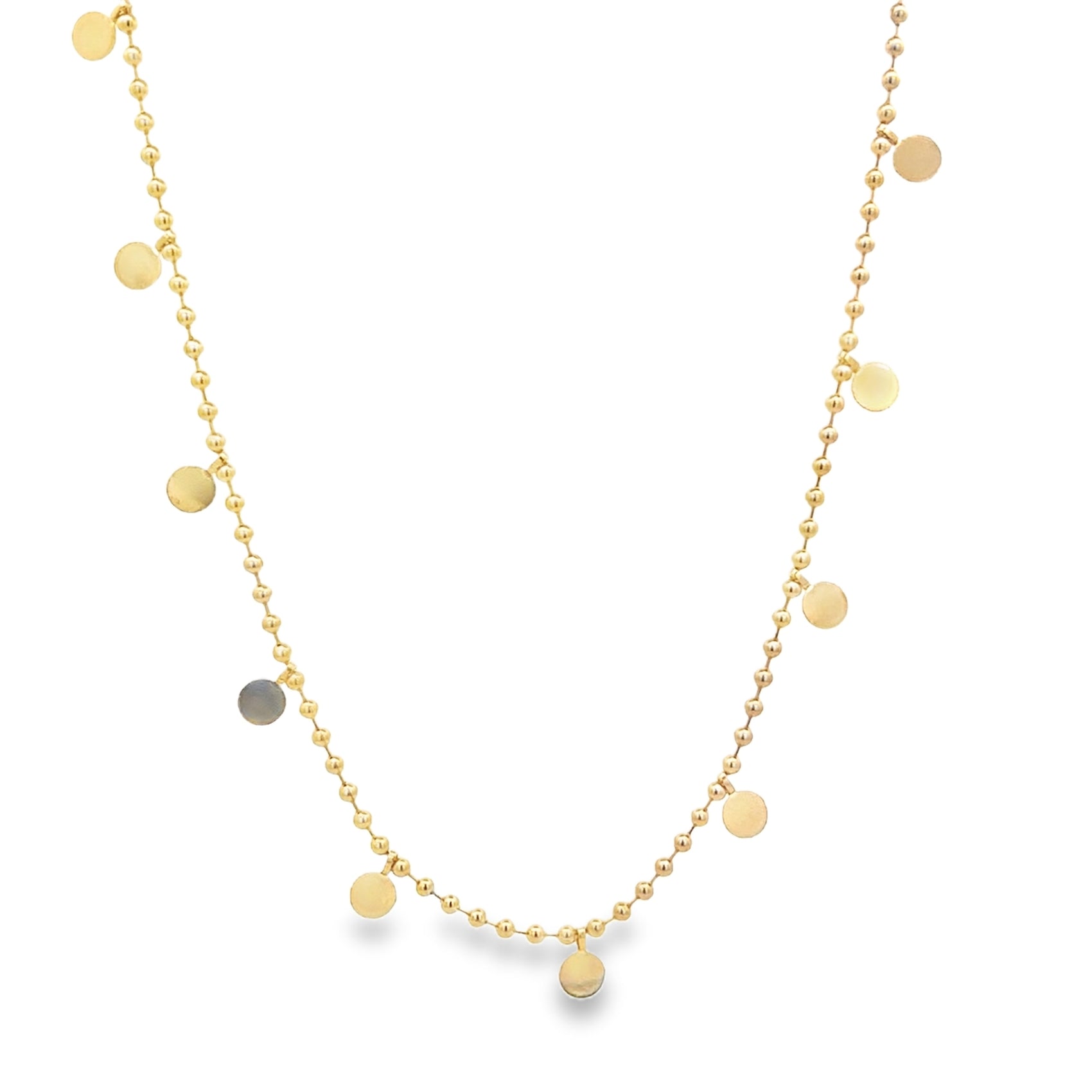 A delicate gold beaded necklace dangles sparkling coin charms against a clean white background.