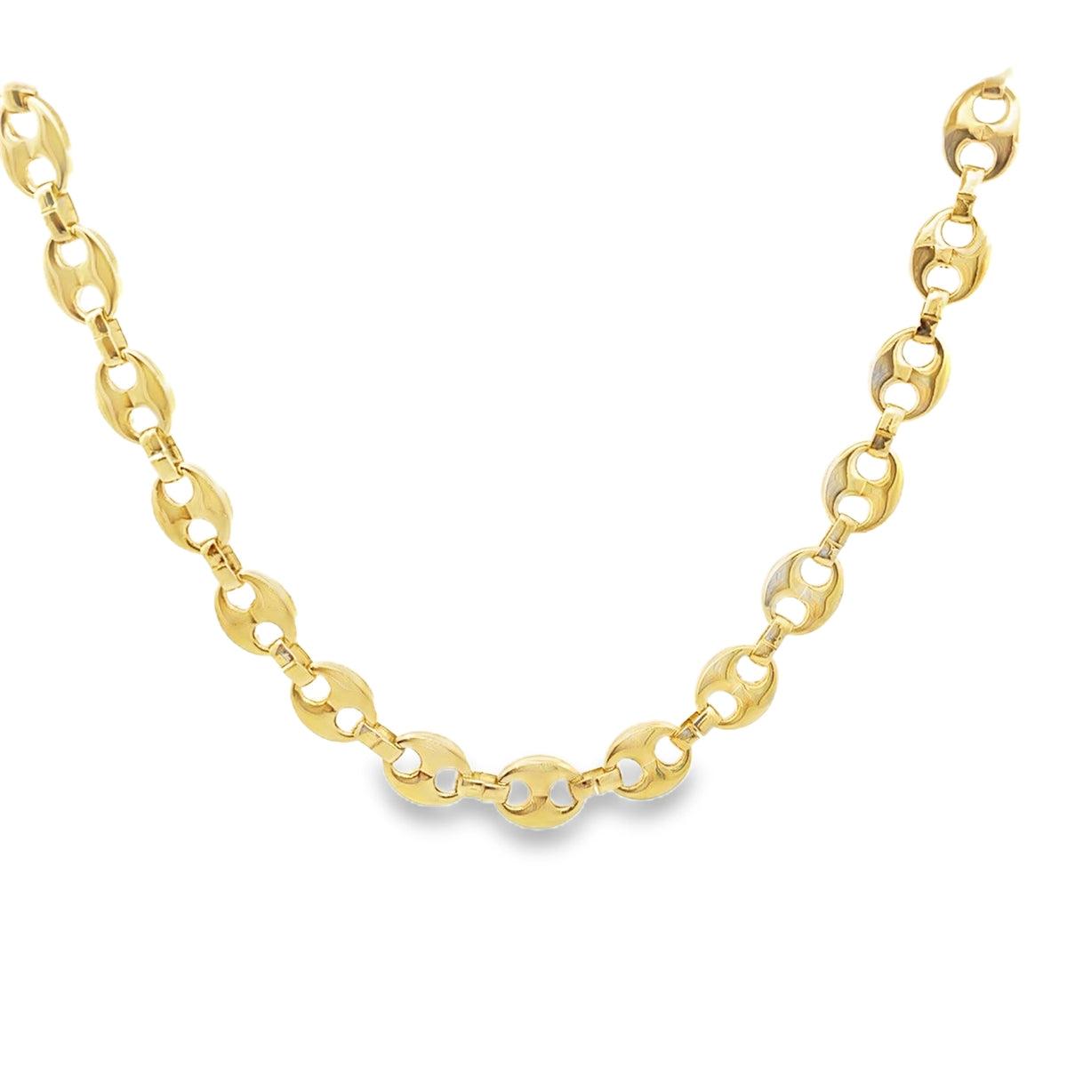A polished gold puff mariner link chain necklace curves gracefully against a clean white background.