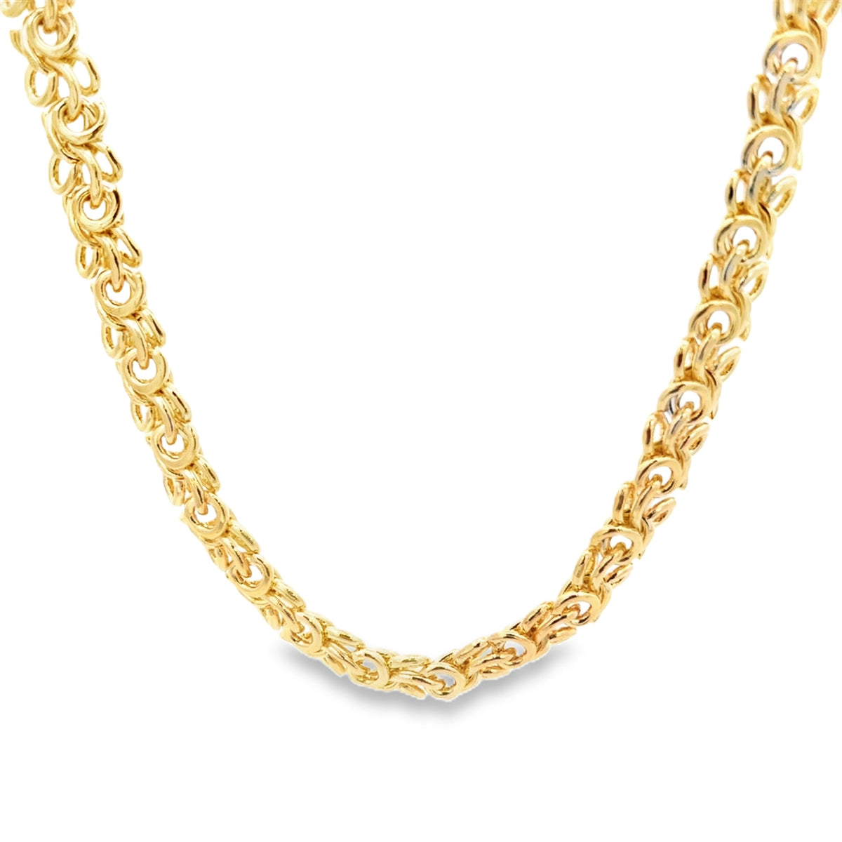 A thick gold Byzantine chain necklace loops gracefully against a clean white background.
