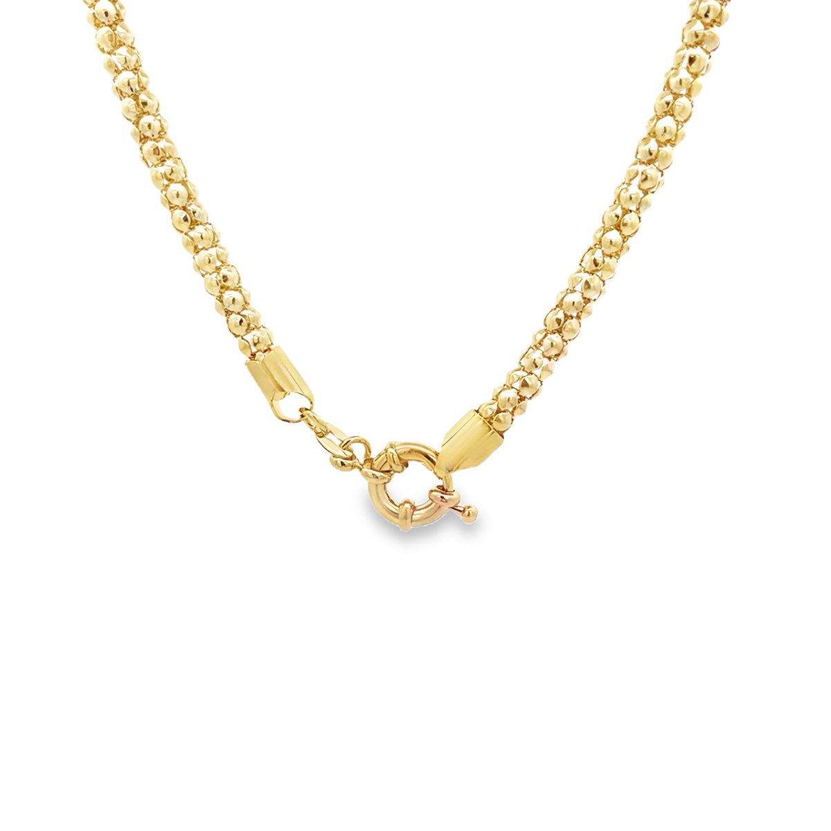 A gleaming yellow gold popcorn chain necklace features a secure spring ring clasp showcased against a clean white background.
