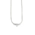A delicate silver herringbone chain necklace features a dangling triangular gemstone pendant against a plain white background.