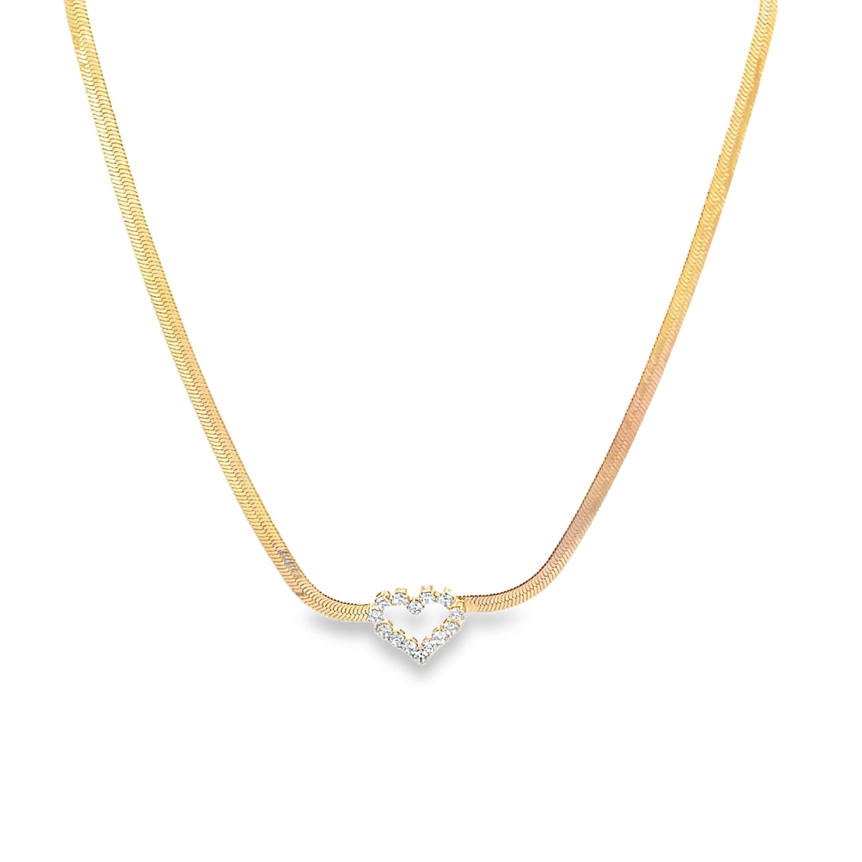 A delicate gold herringbone chain necklace features a sparkling diamond-encrusted heart pendant centered on a plain white background.