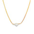 A delicate gold herringbone chain necklace features a sparkling diamond-encrusted heart pendant centered on a plain white background.