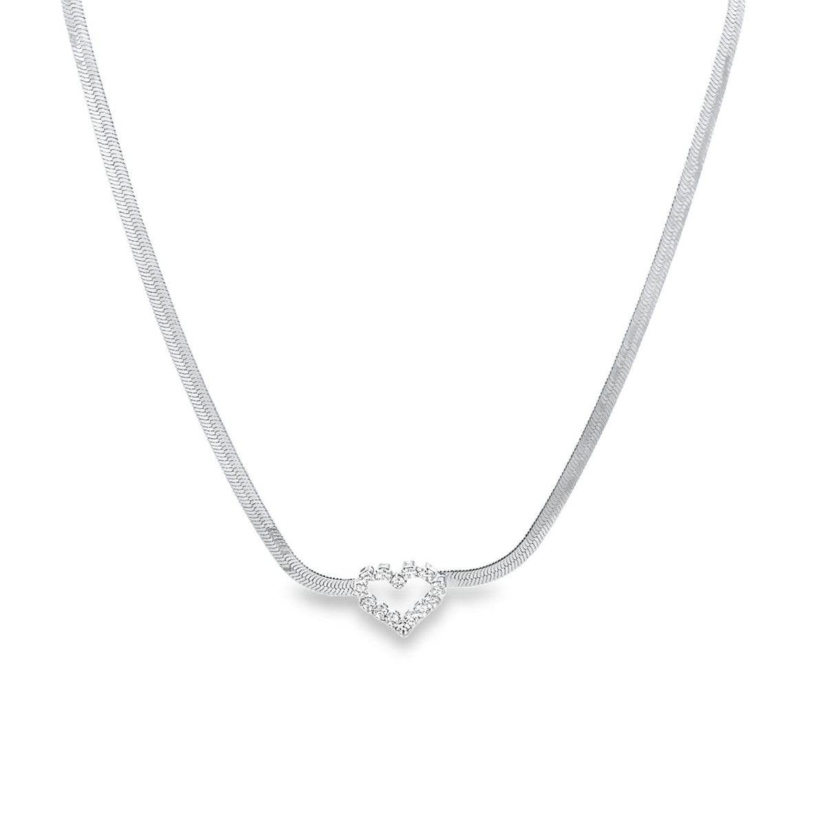 A silver herringbone chain necklace features a sparkling diamond-encrusted heart pendant centered against a white background.
