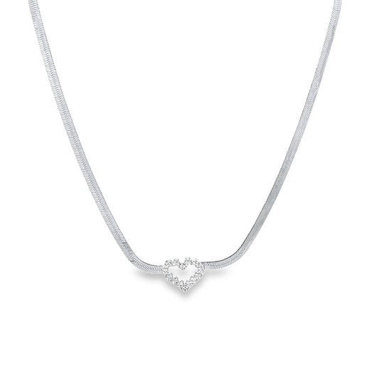 A silver herringbone chain necklace features a sparkling diamond-encrusted heart pendant centered against a white background.