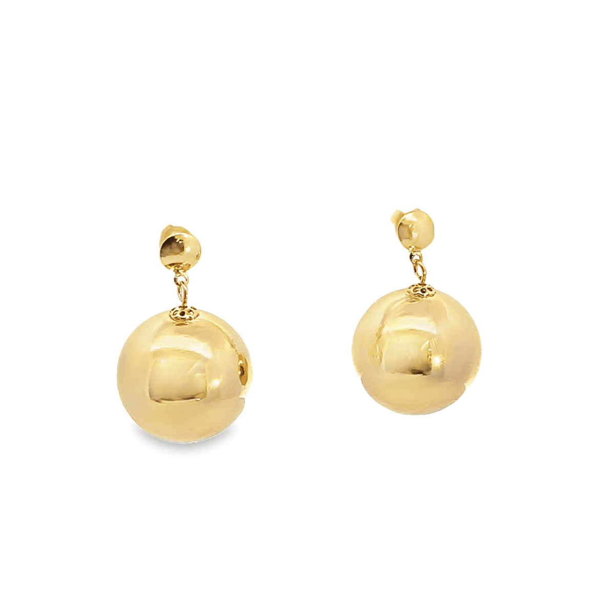 A pair of elegant gold ball drop earrings gleams against a clean white background.