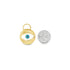 A round gold evil eye pendant rests next to a US quarter coin to display its actual size.