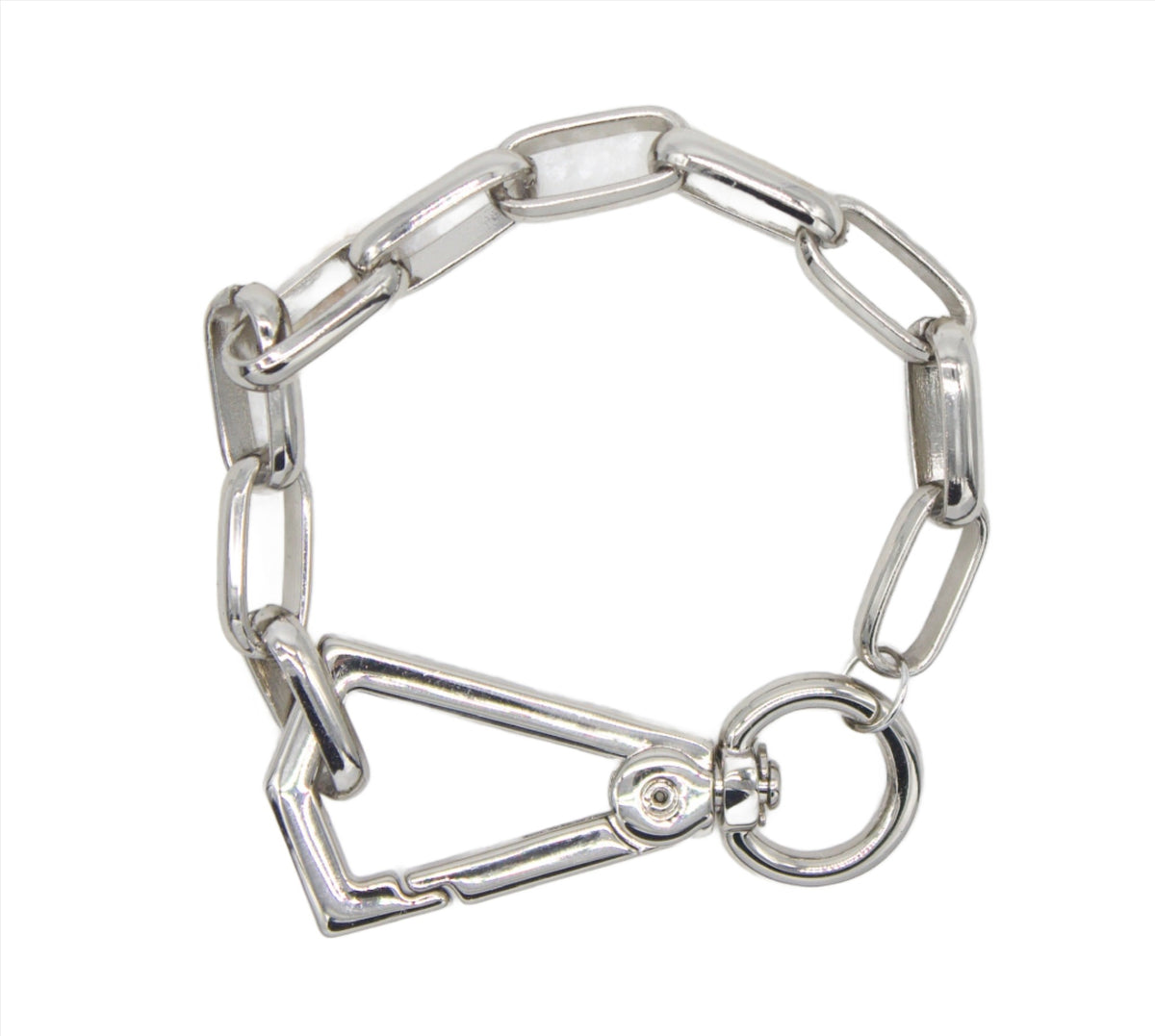 A thick silver paperclip chain bracelet features a large carabiner clasp and a circular ring closure against a white background.