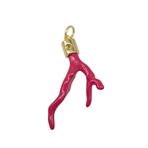 A vibrant pink enameled branch pendant hangs from a gold bail against a clean white background.