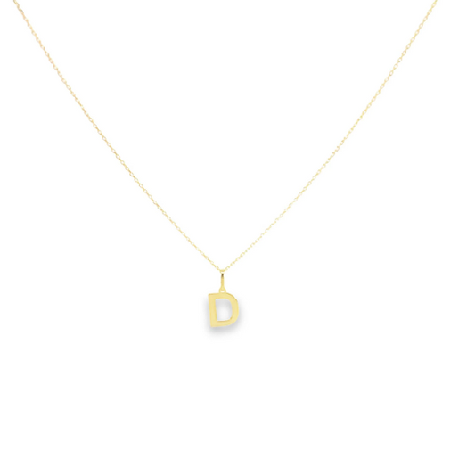 A delicate gold chain necklace displays a polished letter D initial pendant against a white background.