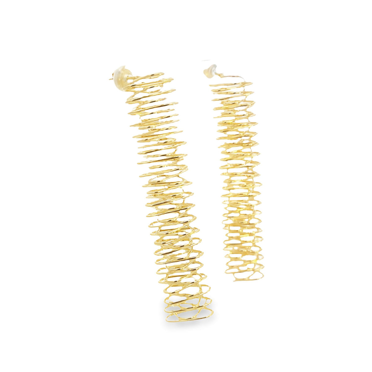 A pair of dangling gold spiral earrings showcases intricate coil designs against a clean white background.