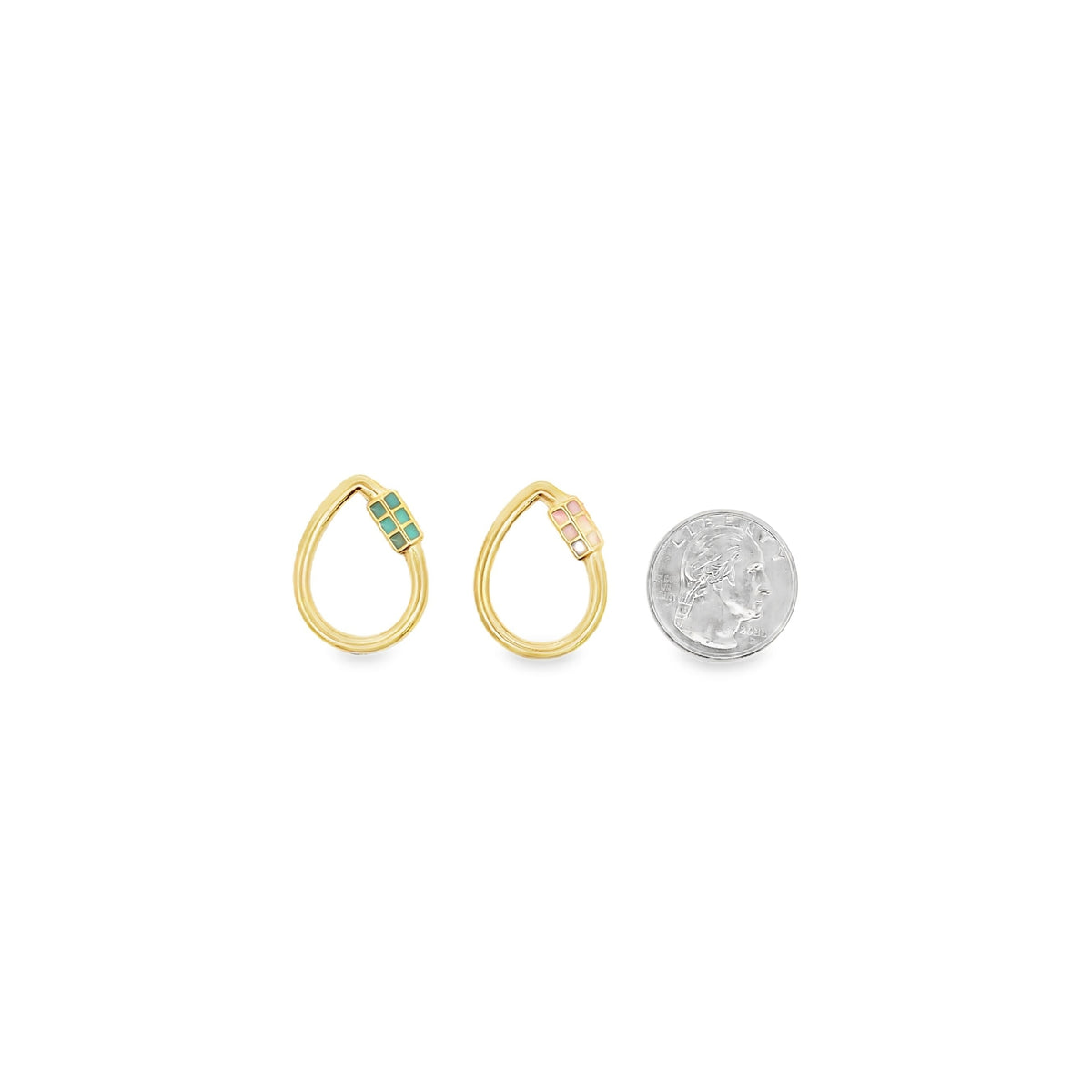 A pair of teardrop-shaped gold charm earrings featuring colorful enamel insets sits next to a US quarter coin for scale.