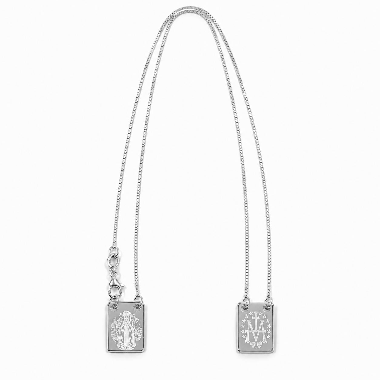 Elegant 18K Gold Filled Miraculous Medal scapular necklace featuring two devotional rectangular medals with the Blessed Virgin Mary and traditional Catholic Miraculous Medal symbol. Lightweight, hypoallergenic, and perfect for everyday wear.