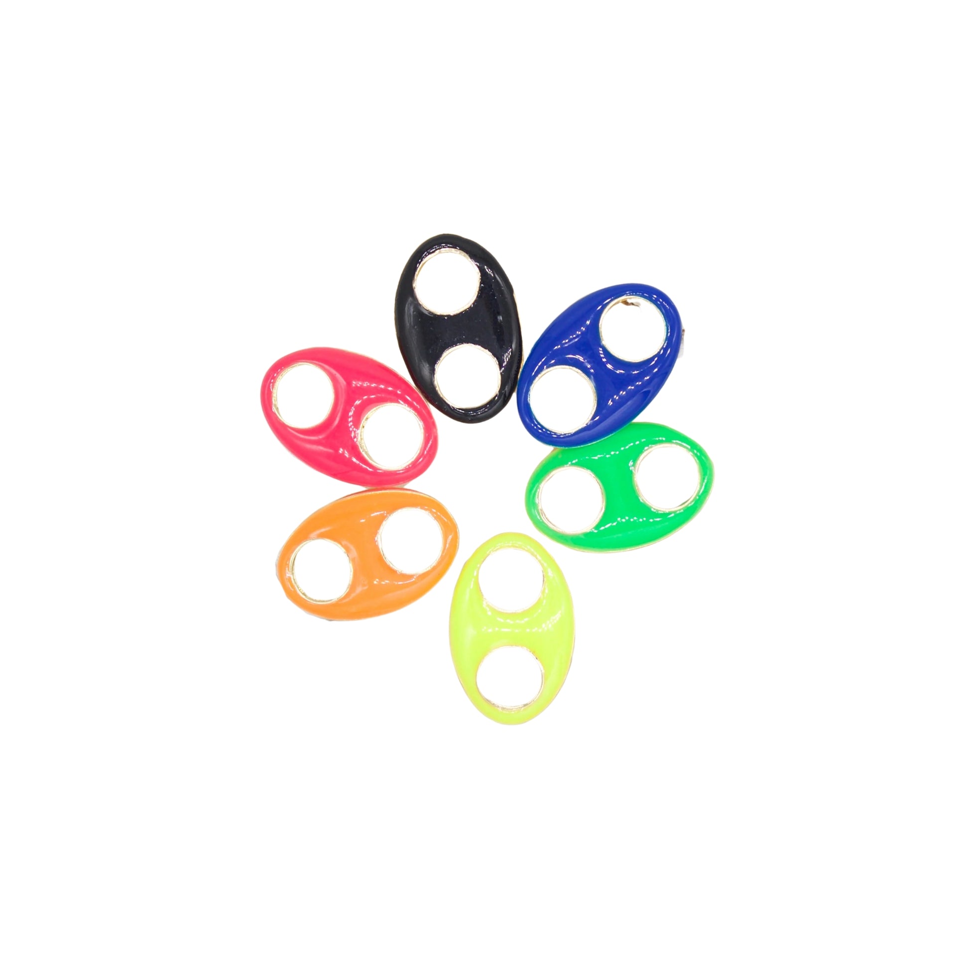 Six colorful enamel coin-shaped jewelry charms fan out in a circle against a white background.