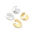 Two pairs of modern minimalist earrings in polished gold and silver rest on a white surface.