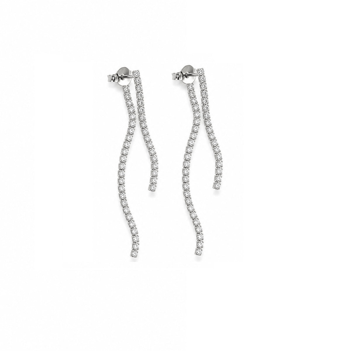 A pair of sparkling diamond drop earrings dangles gracefully against a clean white background.
