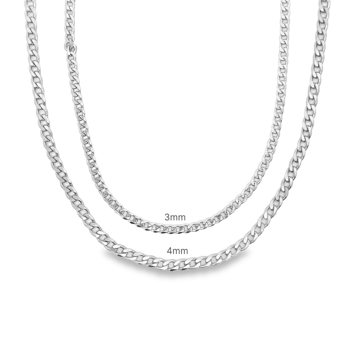 Two silver cuban link chains display size comparisons with 3mm and 4mm labels on a white background.