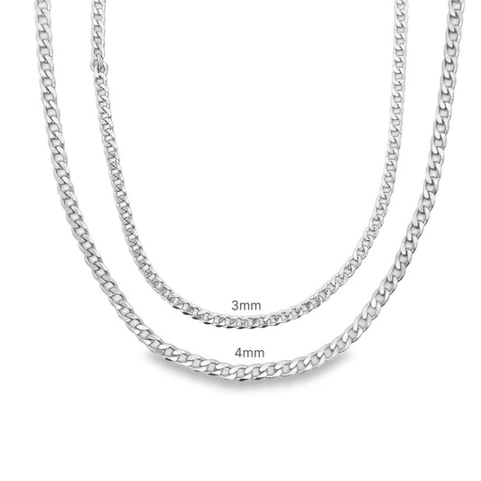 Two silver cuban link chains display size comparisons with 3mm and 4mm labels on a white background.