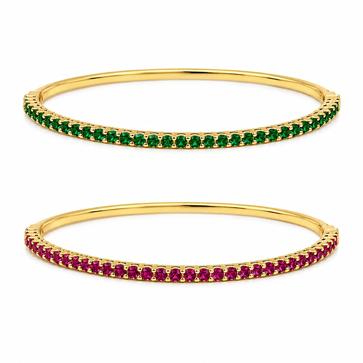 Two elegant gold bangles feature a continuous row of sparkling green and pink gemstone accents.