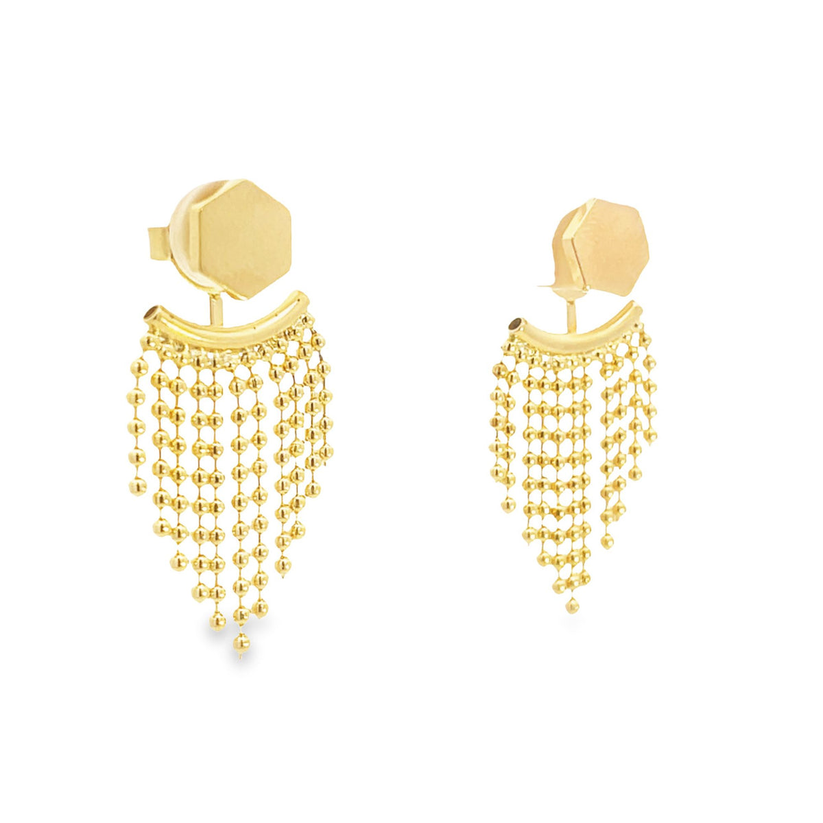 A pair of gold earrings features a hexagonal stud with cascading beaded fringe chains.