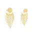 A pair of gold earrings features a hexagonal stud with cascading beaded fringe chains.