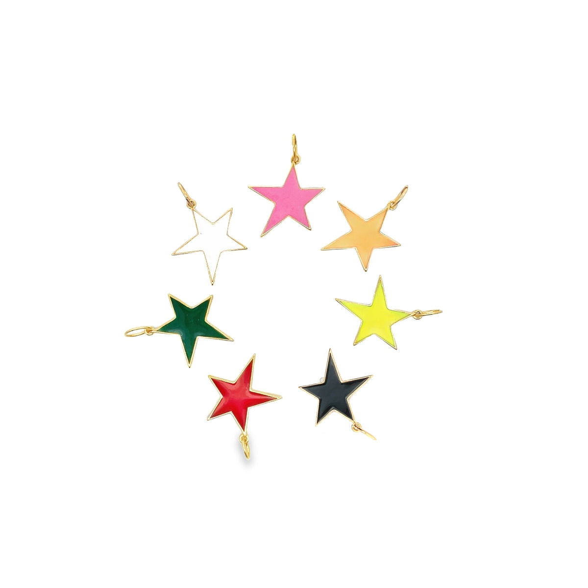 A collection of colorful enamel star charms in various hues, including pink, orange, yellow, black, red, green, and white, arranged in a circle against a white background.