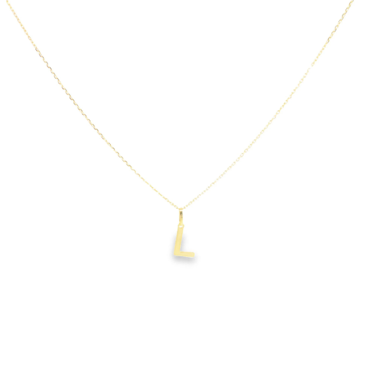 A delicate gold chain necklace displays a shiny initial L pendant against a clean white background.