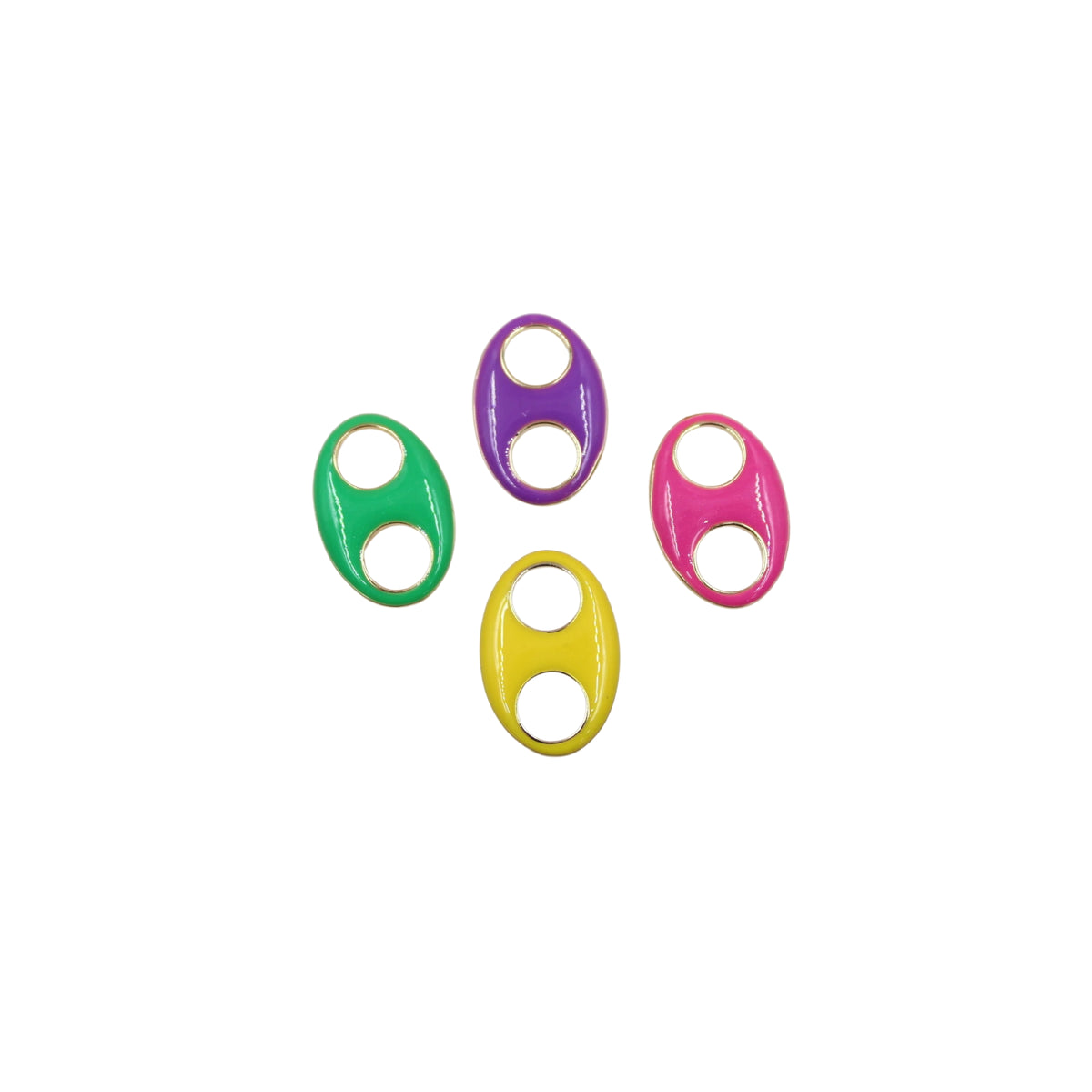 Four colorful enamel mariner link charms in green, purple, yellow, and pink lie arranged on a white background.