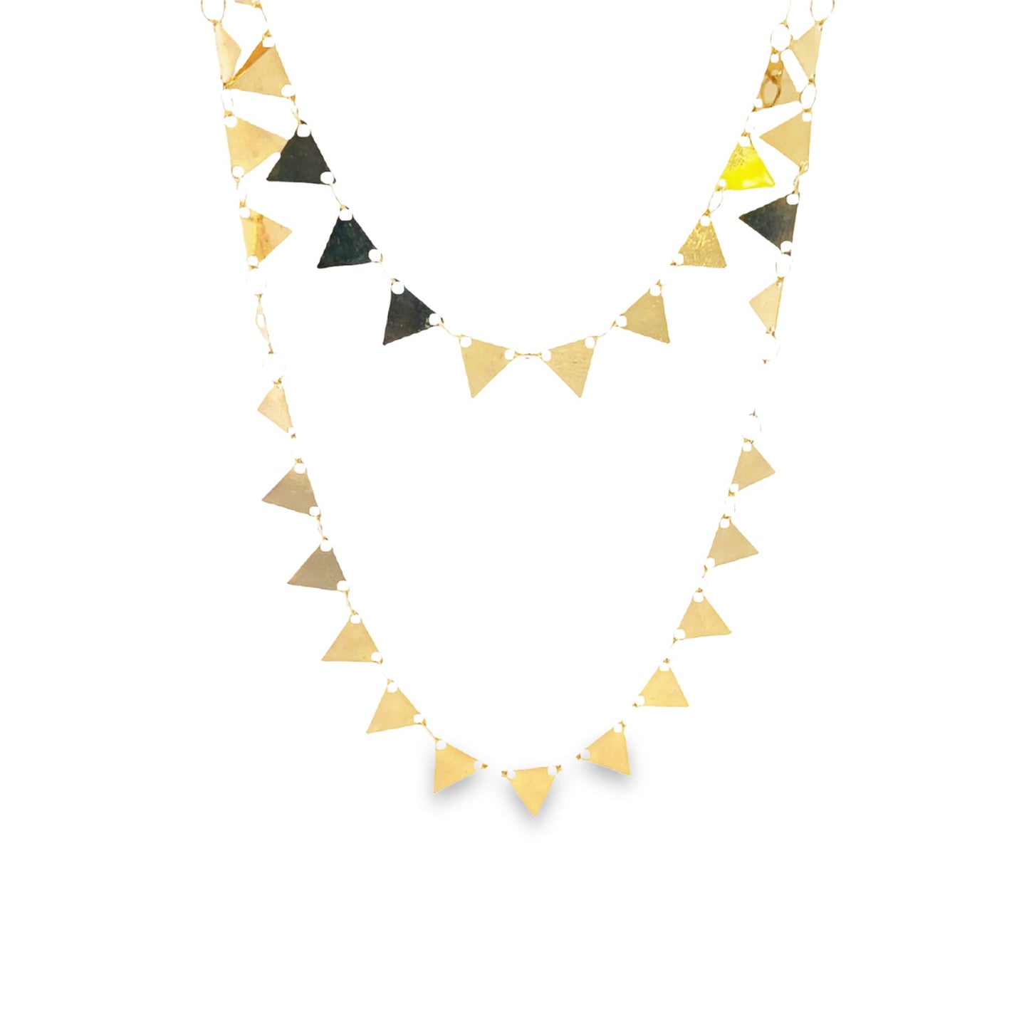 A double-stranded gold necklace features delicate geometric triangle pendants hanging against a plain white background.