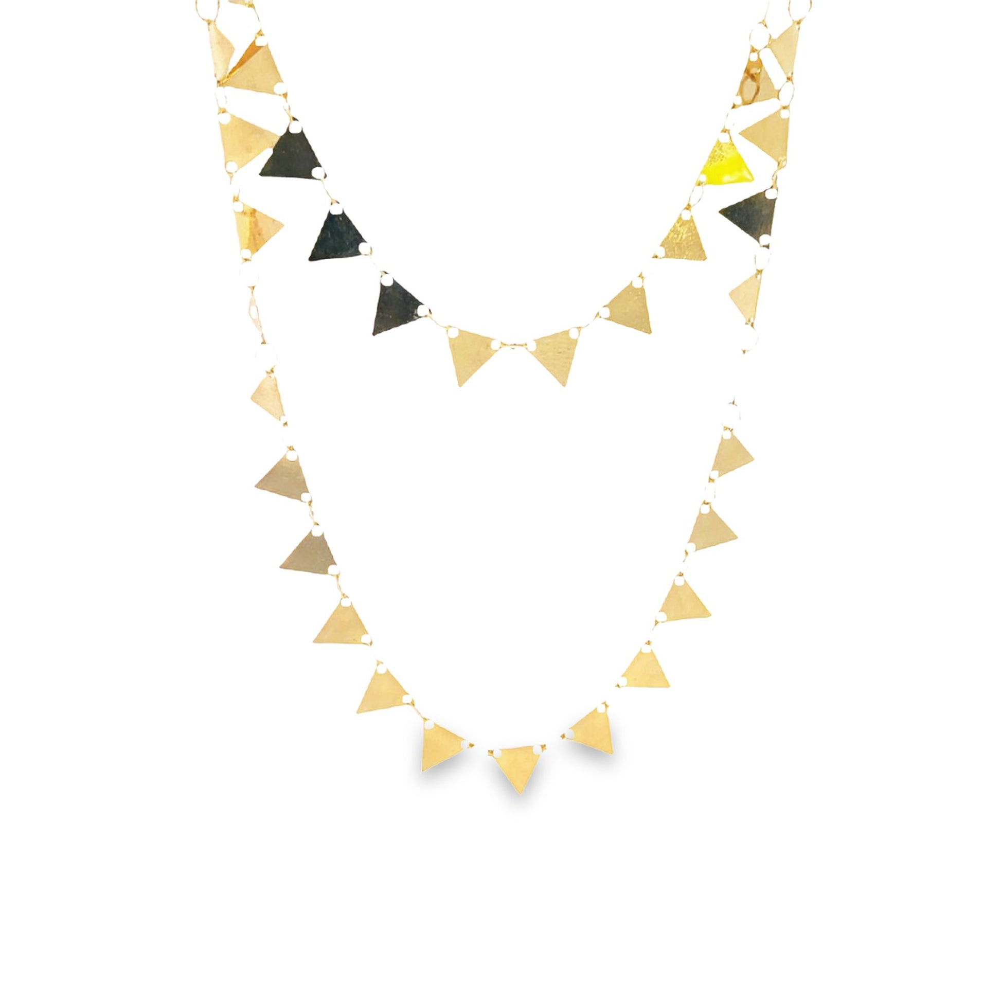 A double-stranded gold necklace features delicate geometric triangle pendants hanging against a plain white background.