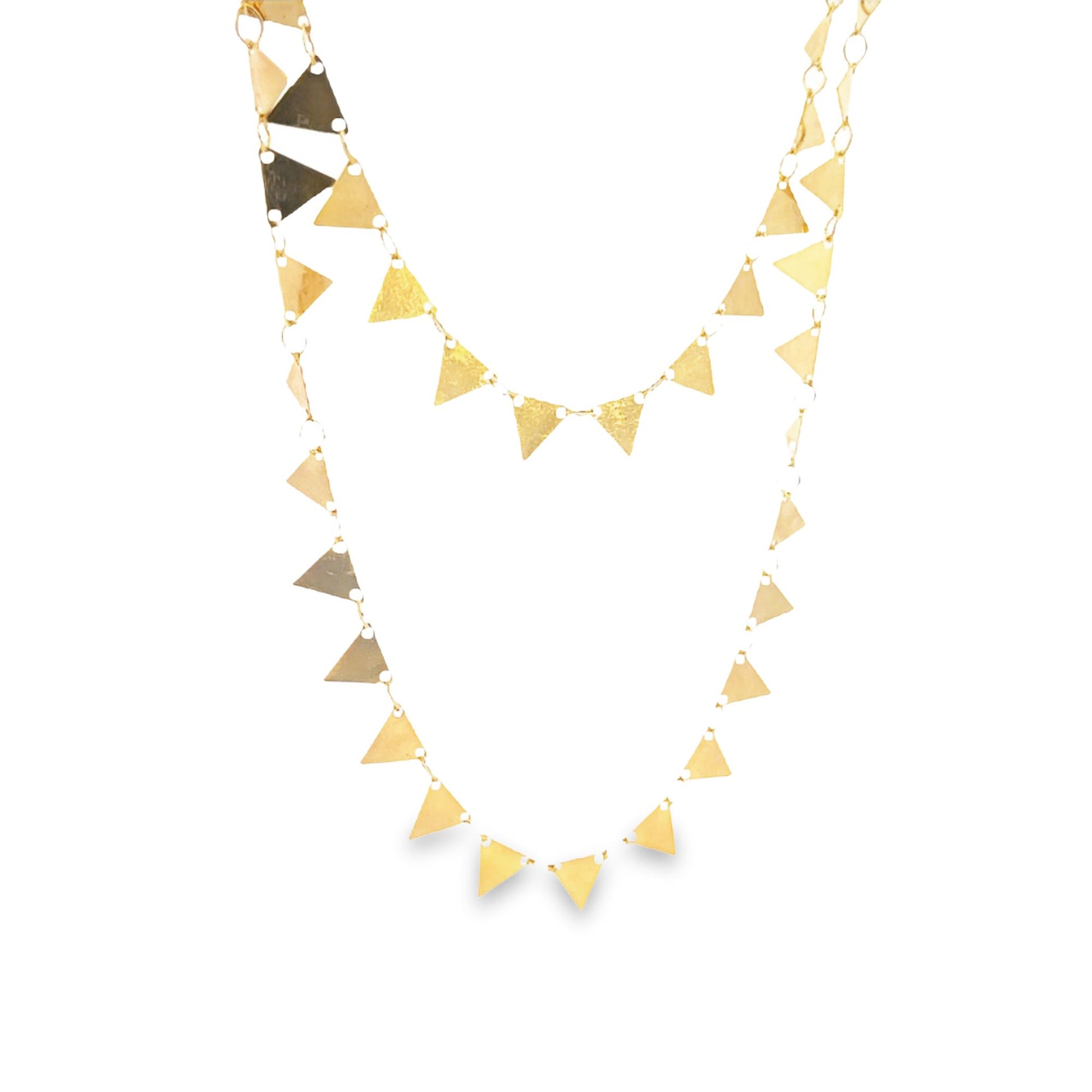 A double-layered gold necklace features dangling geometric triangle charms against a clean white background.