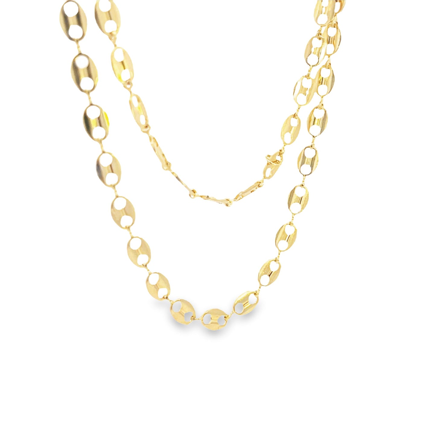Two layered gold anchor chain necklaces feature distinctive puffed oval links against a clean white background.