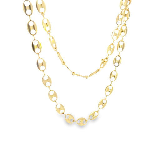 Two layered gold anchor chain necklaces feature distinctive puffed oval links against a clean white background.