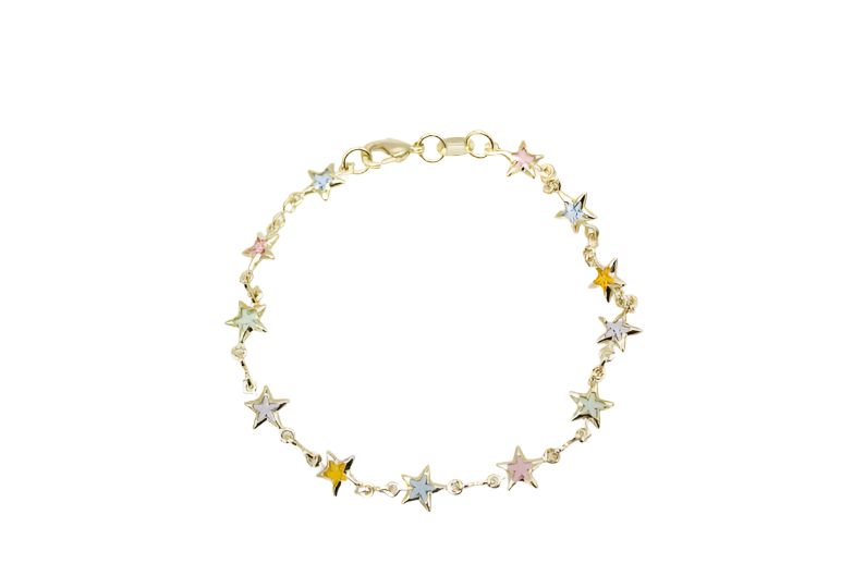 A delicate gold chain bracelet features colorful, enamel-filled star charms spaced evenly around its length.