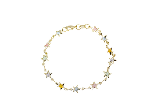 A delicate gold chain bracelet features colorful, enamel-filled star charms spaced evenly around its length.