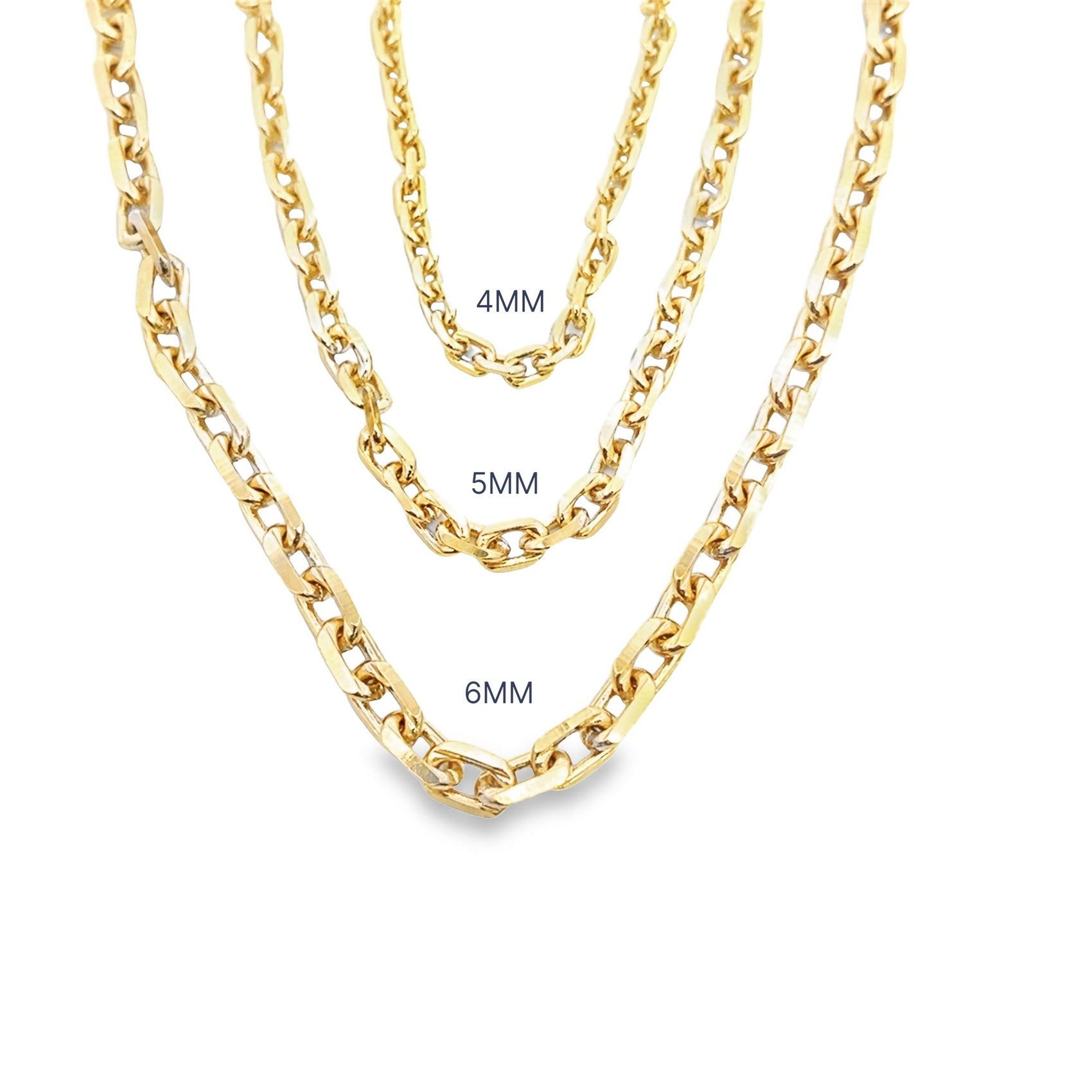 Three gold link chains are displayed side by side, labeled with sizes 4mm, 5mm, and 6mm to show thickness comparison.
