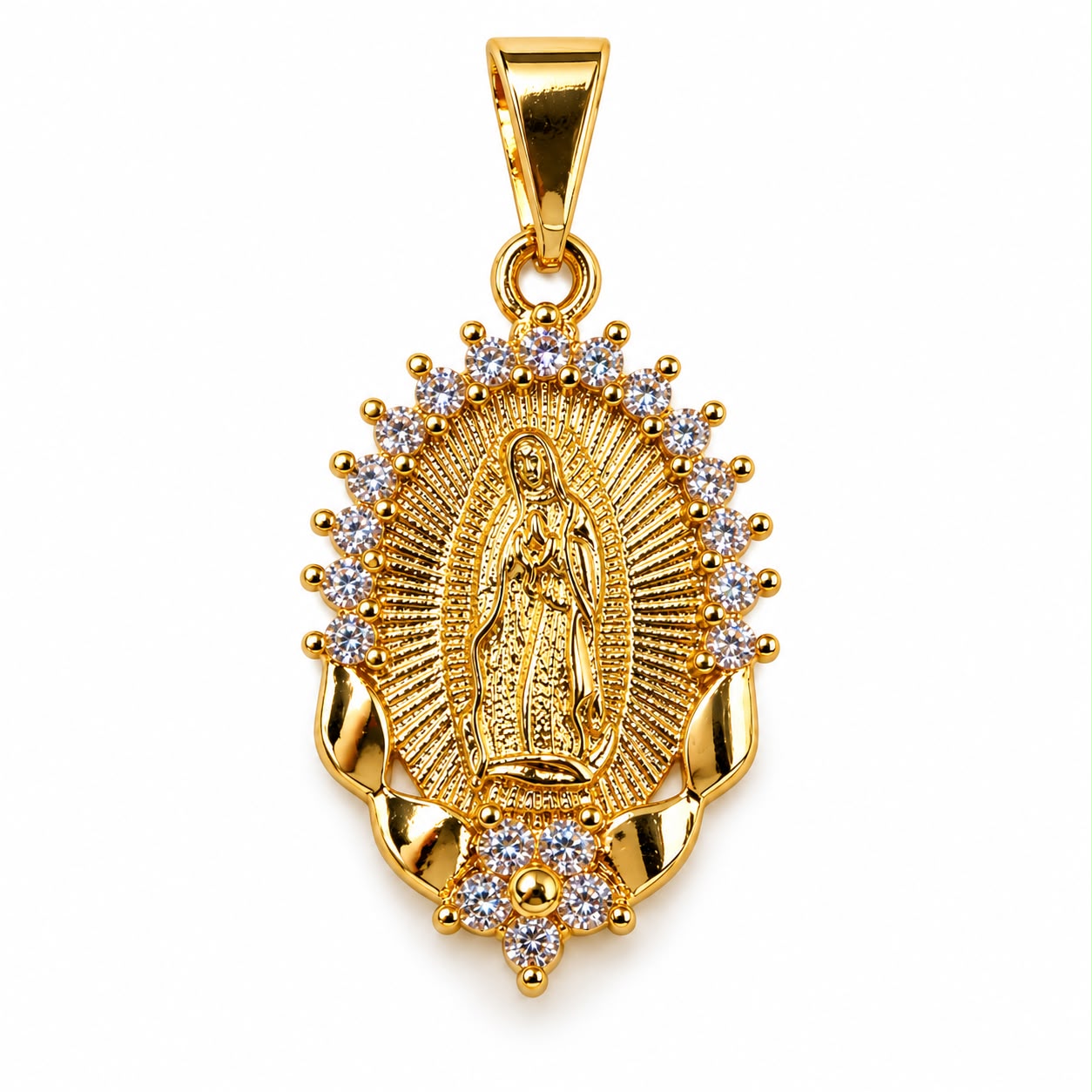 Shop the Virgin of Guadalupe pendant in 18K Gold Filled, detailed with a radiant halo of clear CZ stones. A meaningful piece of religious jewelry.